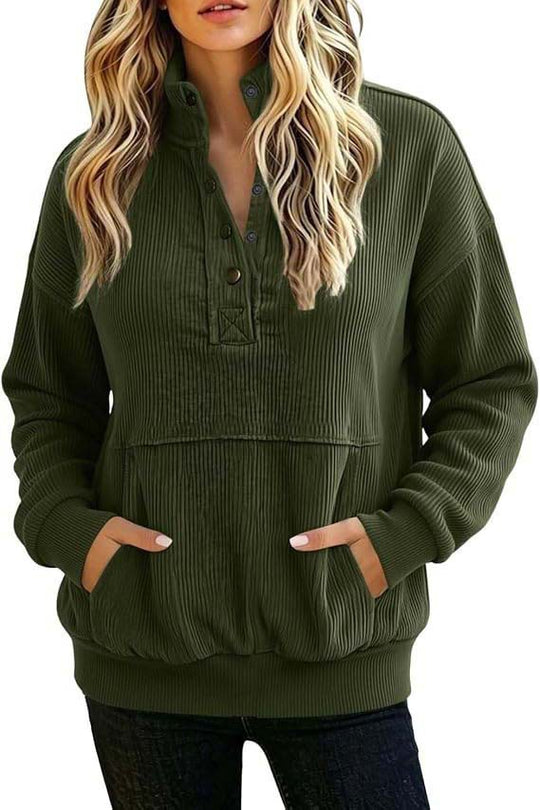 Damen gerippter Henley-Pullover mit Stehkragen und Kängurutasche Shop Nory
