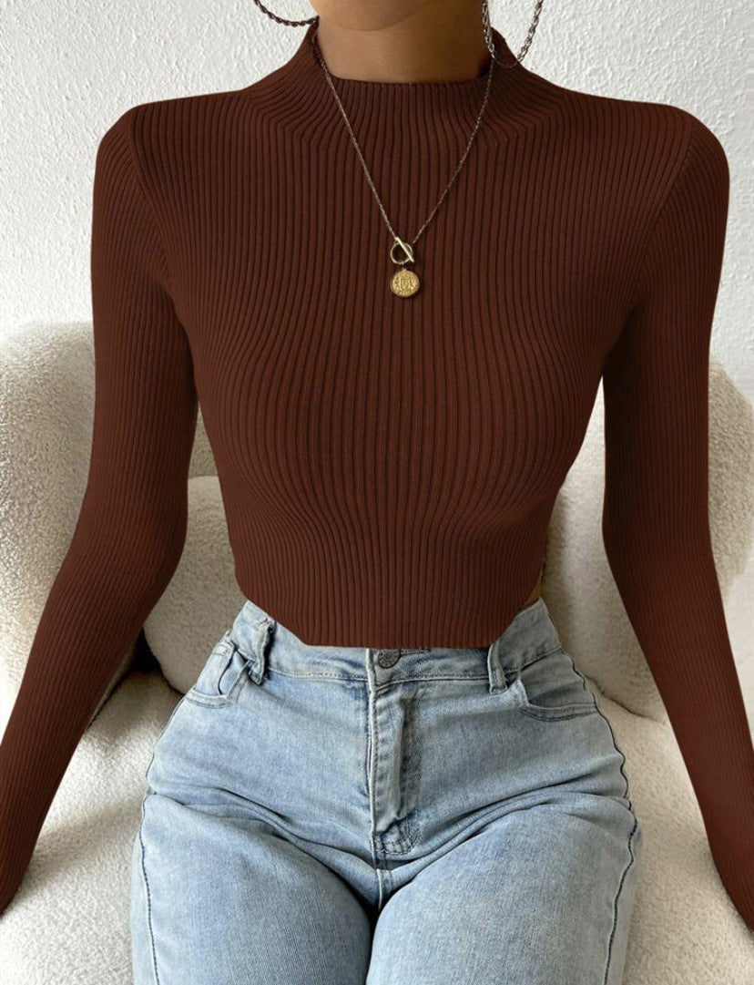 Damen Gerippter Cropped Feinstrickpullover mit Stehkragen Shop Nory
