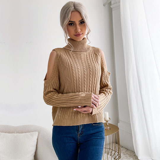 Damen Rollkragenpullover mit Zopfmuster und Schulter-Cutouts Shop Nory