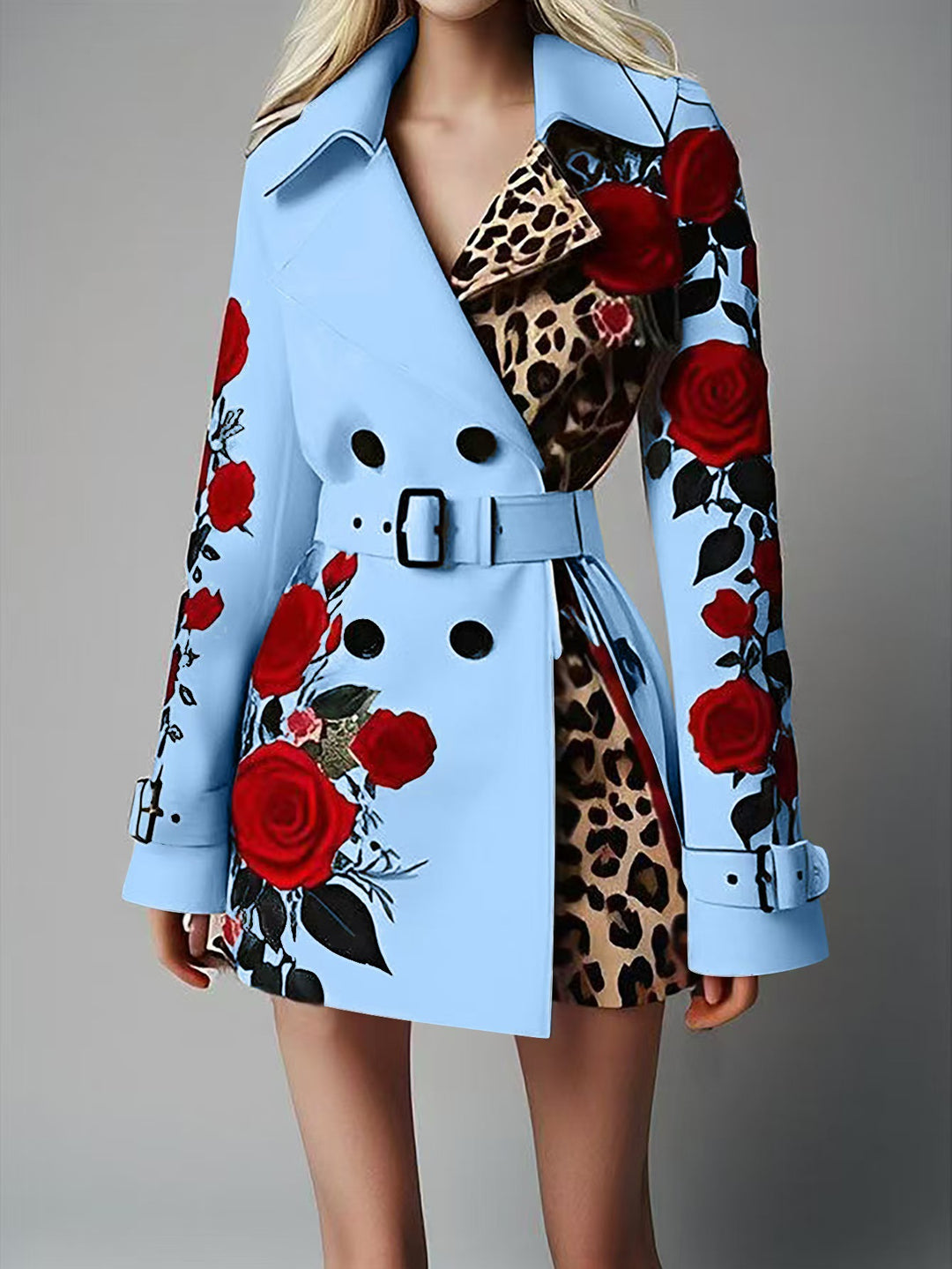 Damen Taillierter Trenchcoat mit Rosenprint und Leoparden-Innenfutter Shop Nory