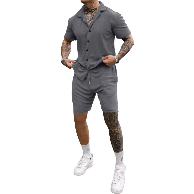 Herren Freizeit-Kurzarm-Set mit Knopfleiste und verstellbarem Kordelzug Shopnory