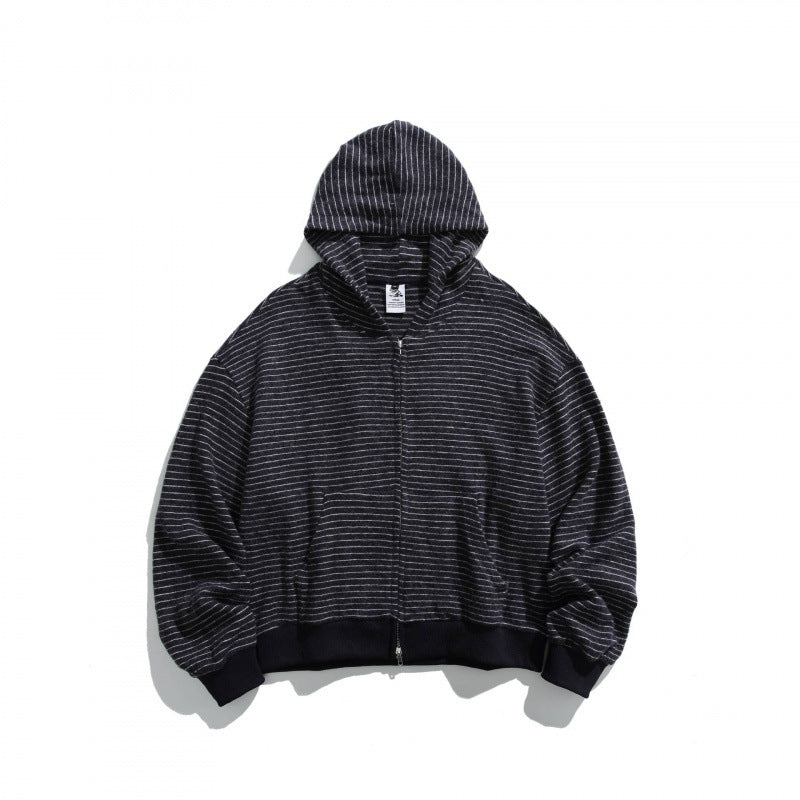 Unisex Boxy Kapuzen-Sweatjacke mit durchgehendem Reißverschluss, Streifenstruktur und geripptem Saum Shop Nory