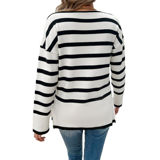 Damen nan gestreifter V‑Neck Feinstrickpullover mit verlängertem Tunika‑Schnitt und geripptem Saum Shop Nory