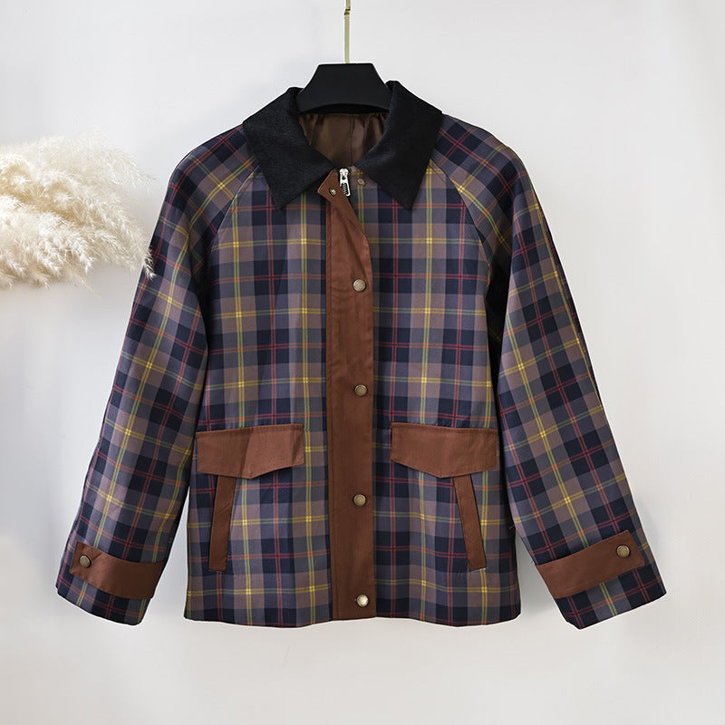 Damen Karierte Jacke mit weichem Cordkragen