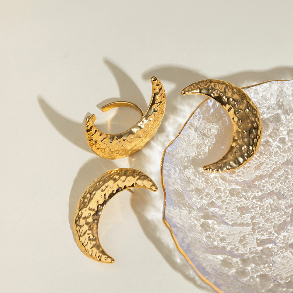 Damen Offener Ring mit strukturiertem Monddesign aus hypoallergenem Edelstahl Shop Nory