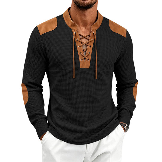 Herren Waffelstruktur-Henley mit Schnürkragen und Kunstleder-Patches Shop Nory