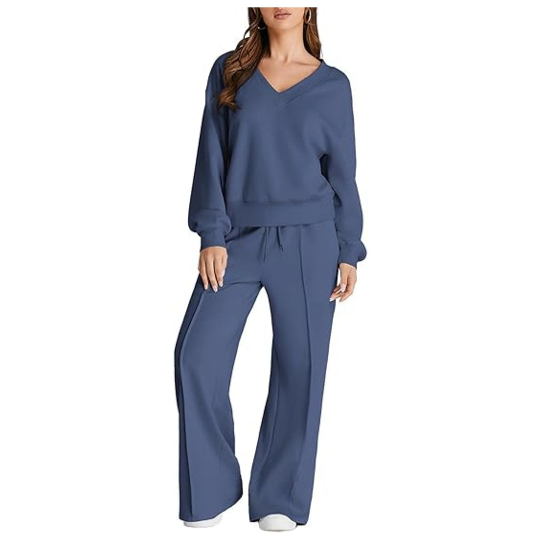 Damen Lässiges V-Ausschnitt Freizeit-Set mit weiter Jogginghose Shop Nory