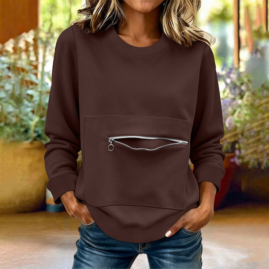 Damen nan locker geschnittenes Sweatshirt mit Frontreißverschlusstasche und Rundhalsausschnitt Shop Nory