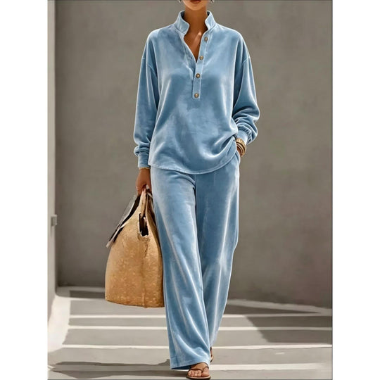 Damen Velours-Loungewear-Set mit Stehkragen-Henleytop und weiter Palazzohose Shop Nory