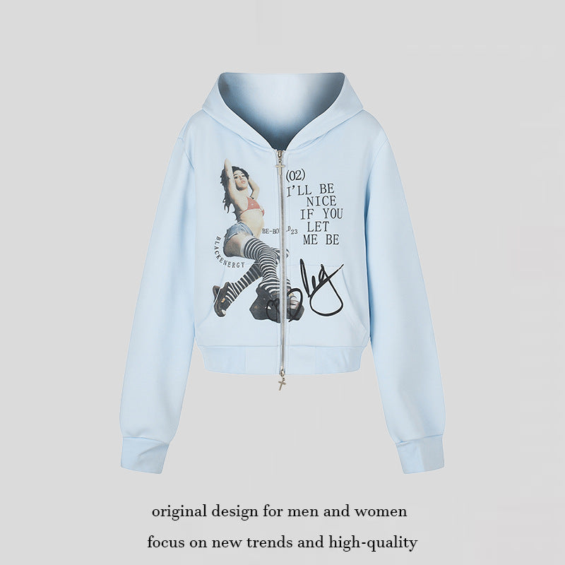 Damen Kapuzen-Sweatjacke mit Fotoprint, kurzem Cropped-Schnitt und Kreuz-Zipper Shop Nory