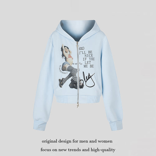 Damen Kapuzen-Sweatjacke mit Fotoprint, kurzem Cropped-Schnitt und Kreuz-Zipper Shop Nory