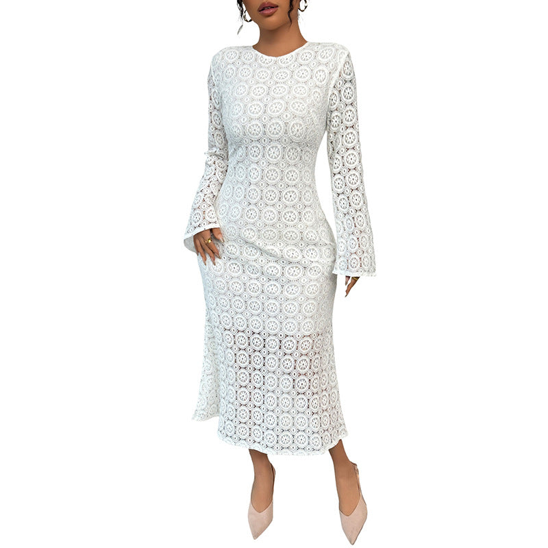 Damen Midikleid aus Häkelspitze mit taillierter Silhouette, Trompetenärmeln und ausgestelltem Saum Shop Nory