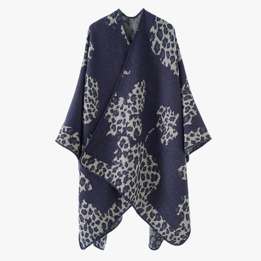 Damen Wolloptik-Überwurf mit gewebtem Leopard-Jacquard und offenem Zipfelrand Shop Nory