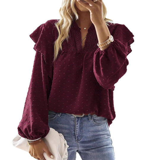 Damen Viskose-Bluse mit Spitzenstickerei und Volantärmeln Shop Nory