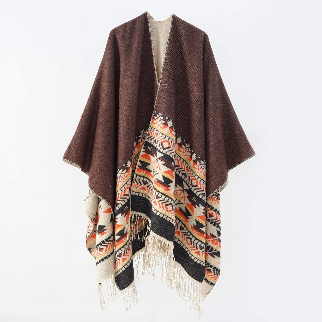 Damen V-Kragen-Überwurfponcho im Kimono-Fall mit Ethno-Bordüre und Fransensaum Shop Nory