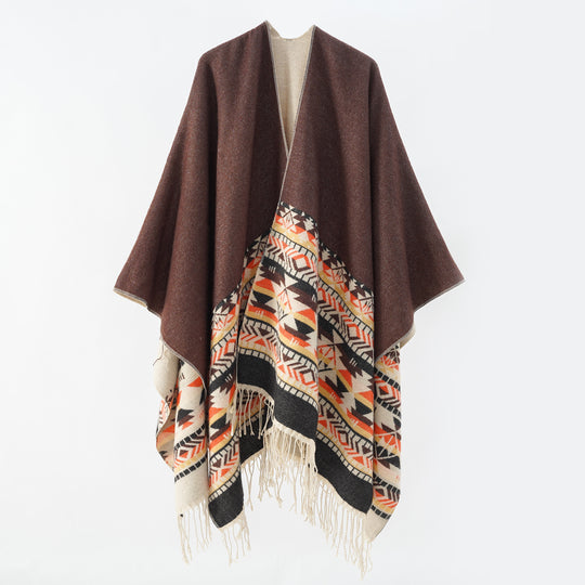 Damen V-Kragen-Überwurfponcho im Kimono-Fall mit Ethno-Bordüre und Fransensaum Shop Nory