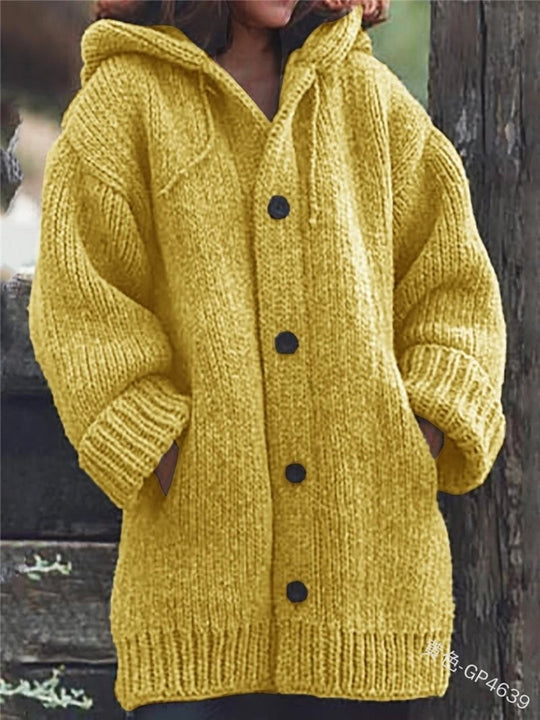 Damen weit geschnittener Kapuzen-Strickmantel mit Knopfleiste und Eingrifftaschen Shop Nory