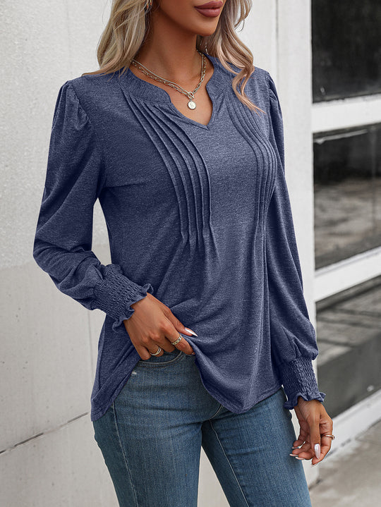 Damen nan Langarmshirt mit V-Ausschnitt, dekorativen Kellerfalten vorn und elastischen Smokbündchen Shop Nory