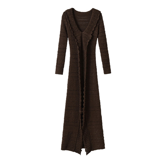 Damen Langer gehäkelter Cardigan mit geschwungenem Schalkragen Shop Nory