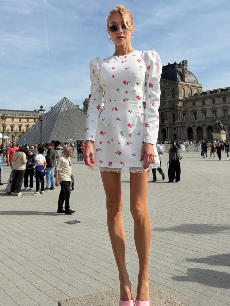 Damen Tailliertes Blumen-Minikleid mit Puffärmeln und Spitzenbesatz Shop Nory
