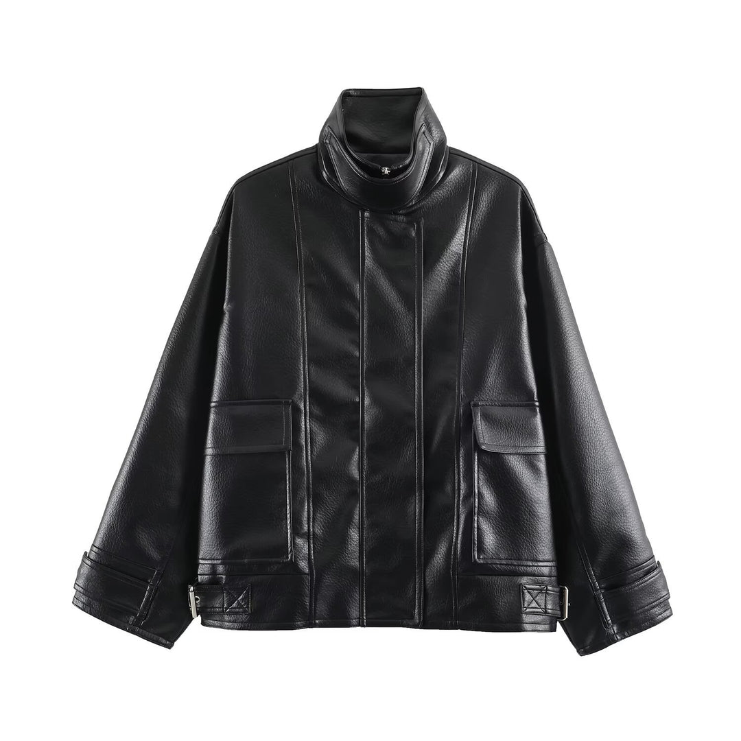 Damen Oversized Kunstleder-Fieldjacke mit hohem Stehkragen und aufgesetzten Pattentaschen Shop Nory