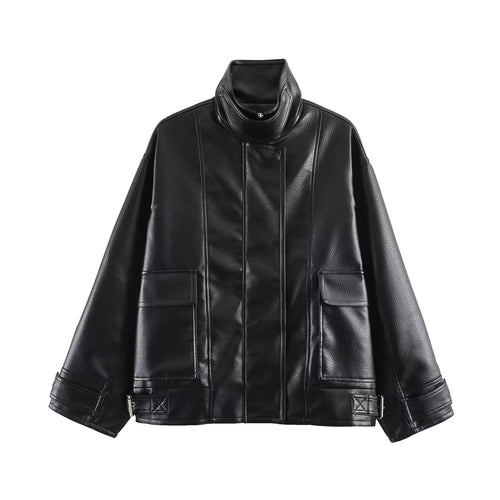 Damen Oversized Kunstleder-Fieldjacke mit hohem Stehkragen und aufgesetzten Pattentaschen Shop Nory
