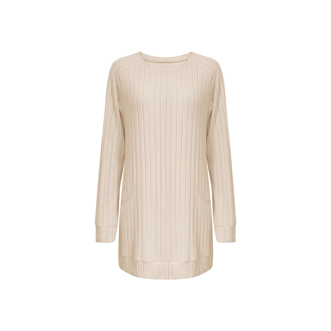 Damen Gerippter Longpullover-Tunika mit Rundhals, Seitentaschen und legerer Passform Shop Nory