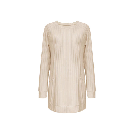 Damen Gerippter Longpullover-Tunika mit Rundhals, Seitentaschen und legerer Passform Shop Nory