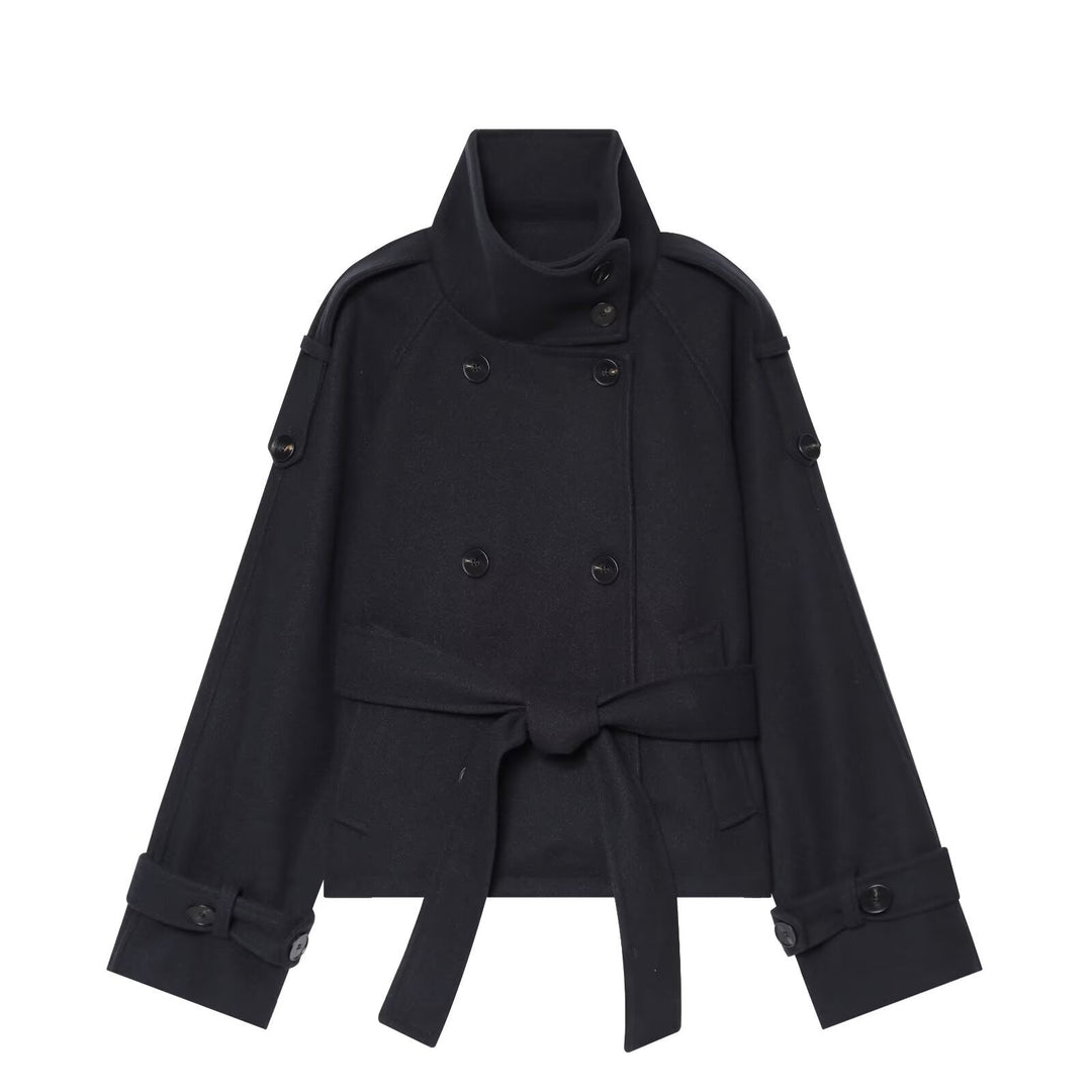 Damen Kurze Capejacke aus Wollmix mit hohem Stehkragen, Doppelreihe und Bindegürtel Shop Nory