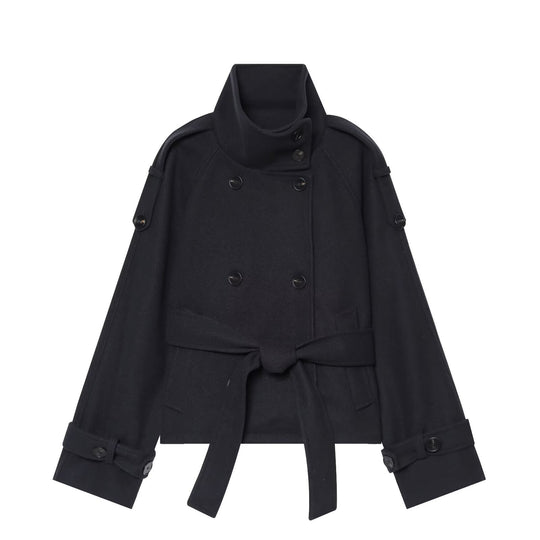 Damen Kurze Capejacke aus Wollmix mit hohem Stehkragen, Doppelreihe und Bindegürtel Shop Nory