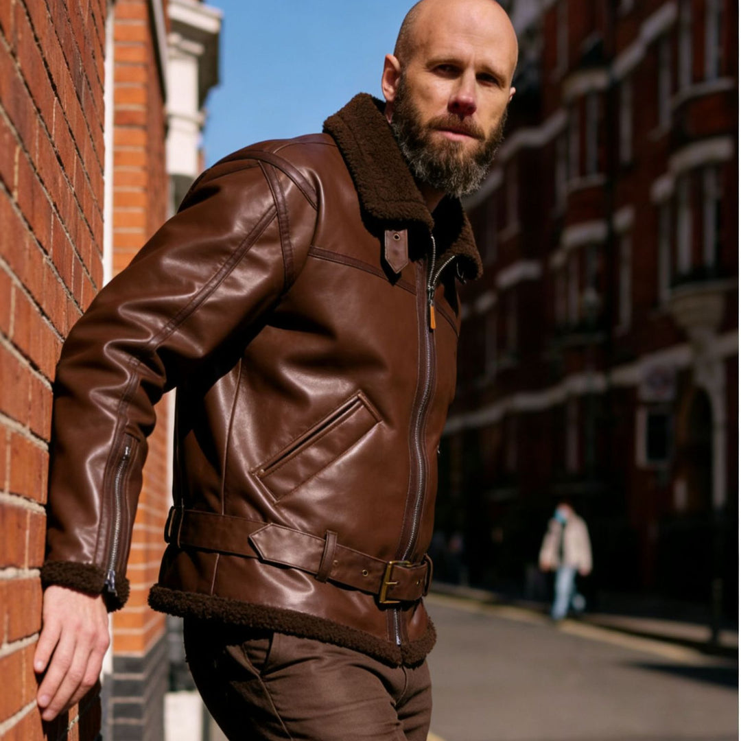 Herren Kunstleder-Fliegerjacke mit Teddyfutter, Reißverschlüssen und Stehkragen Shop Nory