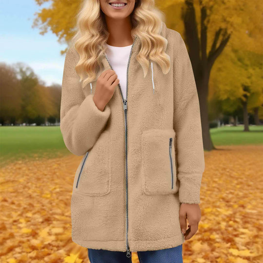 Damen Teddy-Fleece-Mantel mit Kapuze, durchgehendem Reißverschluss und aufgesetzten Taschen Shop Nory