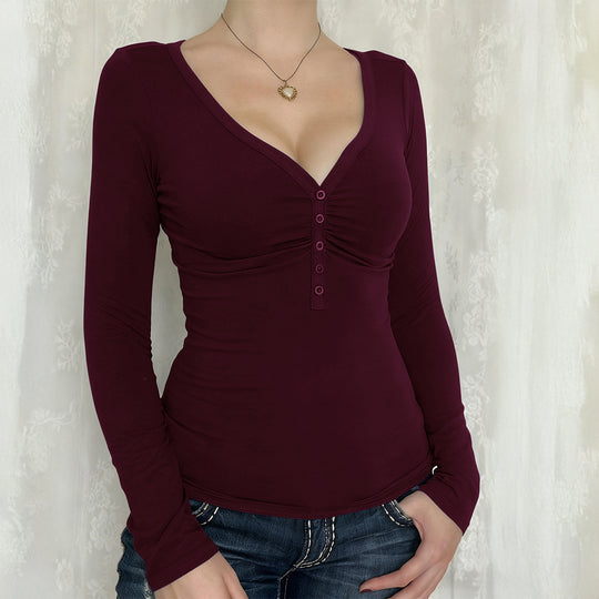 Damen nan tailliertes Langarmshirt mit geraffter Knopfleiste und tiefem V-Ausschnitt Shop Nory