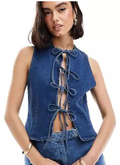 Damen Denim-Weste mit innovativem Schnürverschluss und stylischem Design