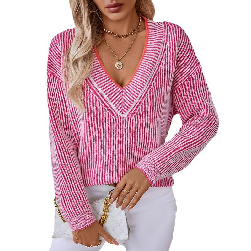 Damen Strickpullover mit V-Ausschnitt und gestreiftem Design Shopnory