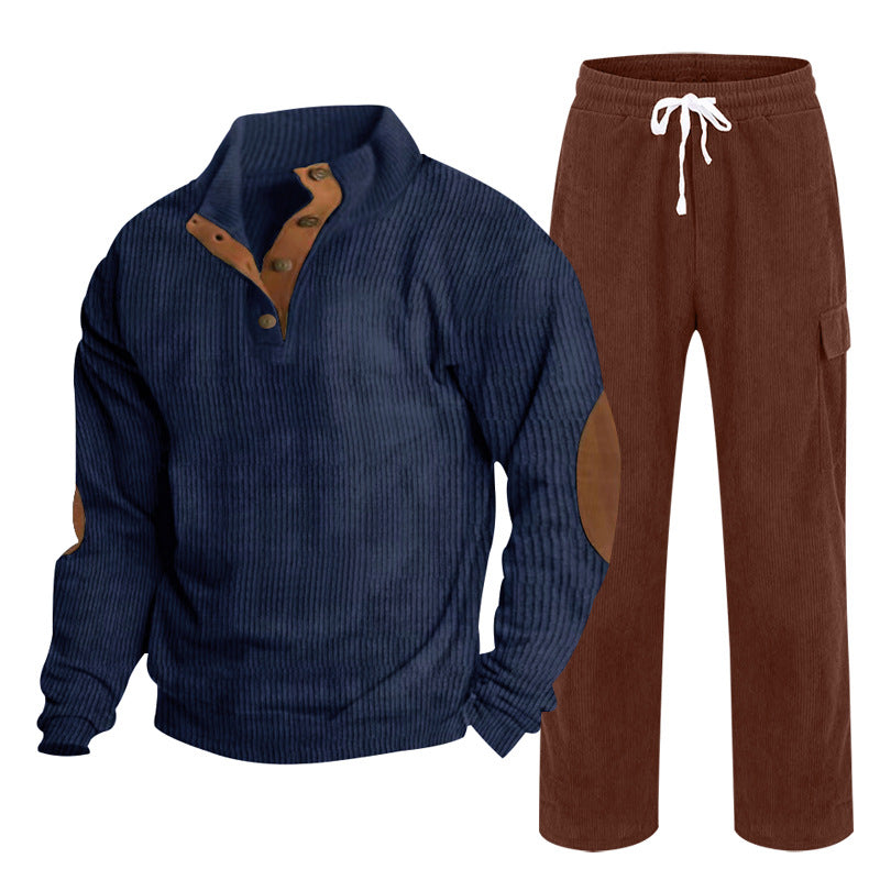 Herren Gemütliches Freizeit-Set aus Waffelstrick-Henley mit Ellenbogenpatch und Relax-Cargo-Hose Shop Nory