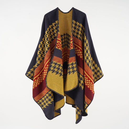 Damen Wohliger Oversize-Umhangponcho aus Wollmix mit Hahnentritt- und Grafikjacquard Shop Nory