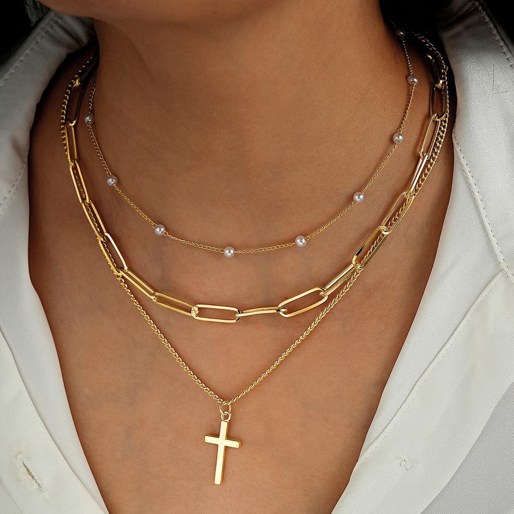 Damen mehrlagige Halskette mit eleganten Perlen und Kreuzanhänger Shop Nory
