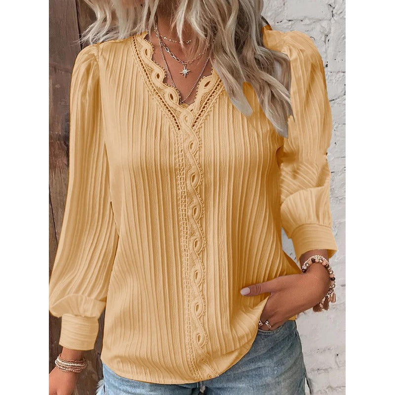 Damen Plissierte V‑Ausschnitt Bluse mit Spitzenbesatz und Ballonärmeln Shop Nory