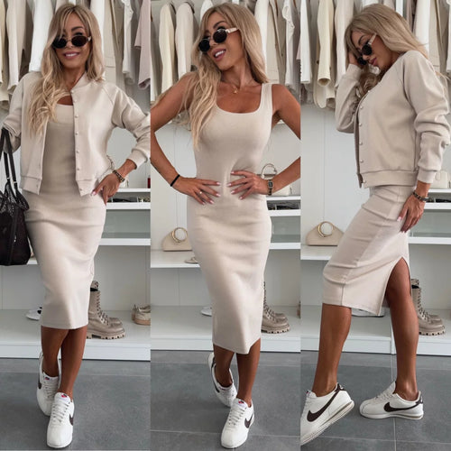 Damen figurbetontes Strick-Midikleid mit passender Kurzjacke und Rundhalsausschnitt Shop Nory