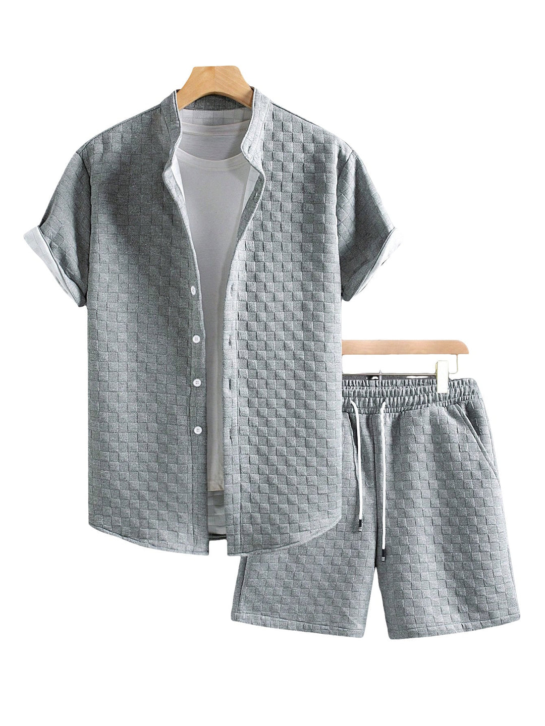 Herren nan zweiteiliges Sommerensemble mit Stehkragen-Hemdjacke und elastischen Komfort-Shorts in geprägter Karo-Textur