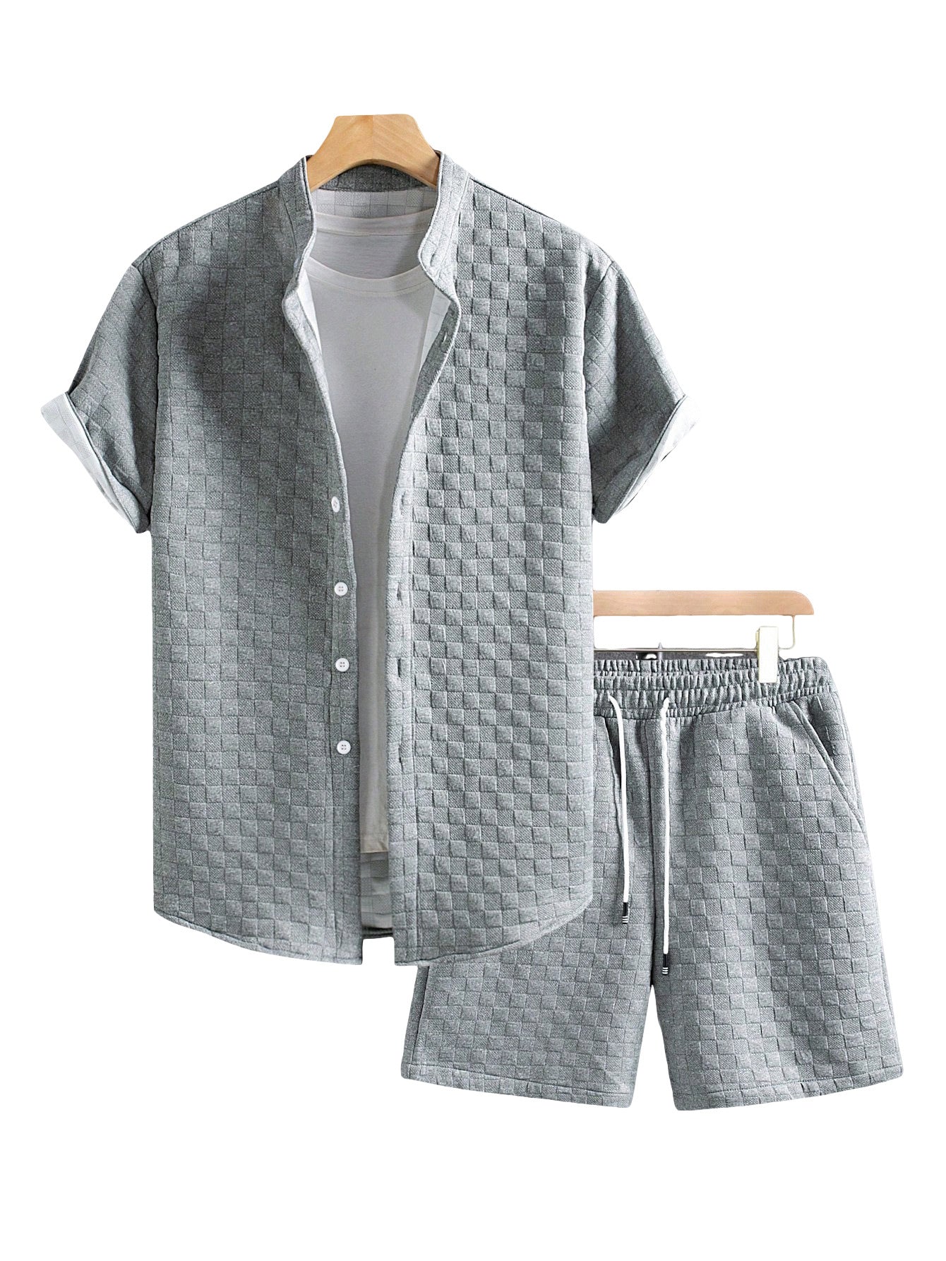 Herren nan zweiteiliges Sommerensemble mit Stehkragen-Hemdjacke und elastischen Komfort-Shorts in geprägter Karo-Textur