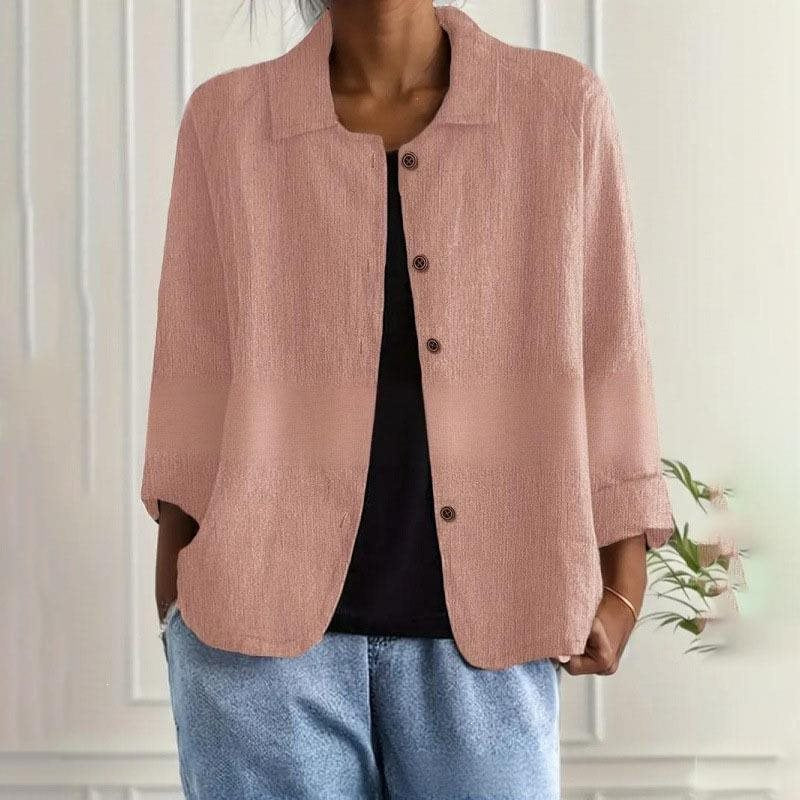 Damen Oversized Leinen-Hemdjacke mit Hemdkragen, 3/4-Ärmeln und durchgehender Knopfleiste Shop Nory