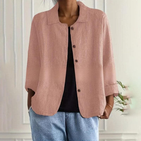 Damen Oversized Leinen-Hemdjacke mit Hemdkragen, 3/4-Ärmeln und durchgehender Knopfleiste Shop Nory