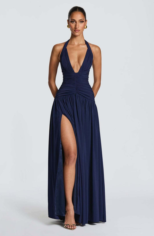 Damen Elegantes Maxikleid mit halterlosem Ausschnitt und raffiniertem Faltenwurf