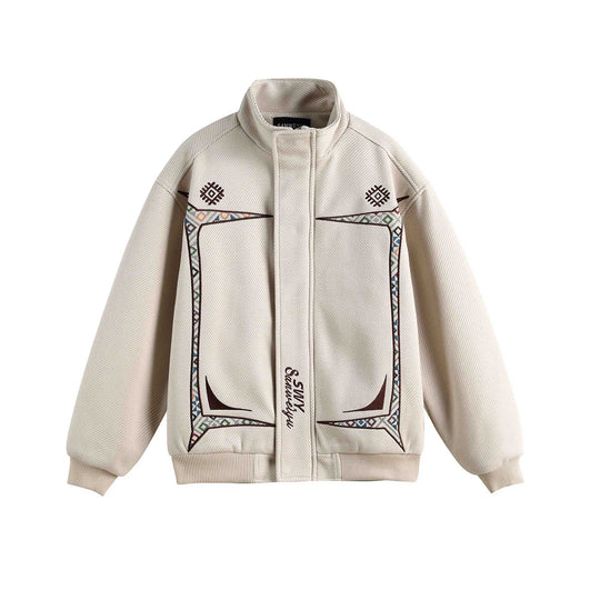Damen Leichte Stehkragen-Jacke mit folkloren Stickapplikationen und gerippten Bündchen Shop Nory