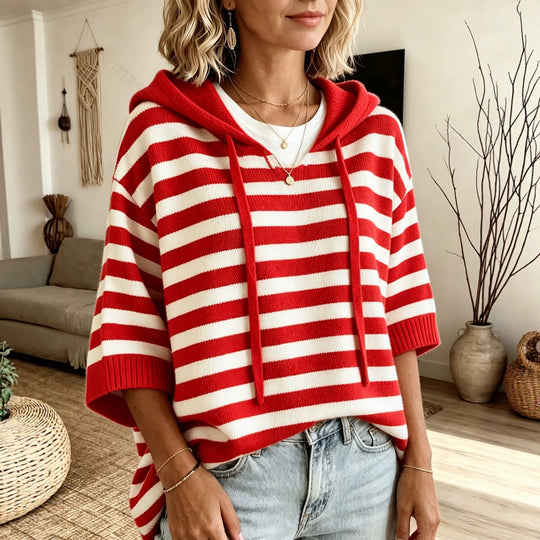 Damen Lässiger gestreifter Kapuzen-Poncho aus weichem Feinstrick mit halblangen Ärmeln Shop Nory
