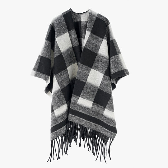 Damen Capeponcho im Plaid-Wickelstil aus Wollmix mit Fransensaum Shop Nory
