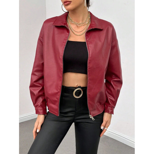 Damen Oversized Kunstleder-Blouson mit Reißverschluss und Hemdkragen Shop Nory