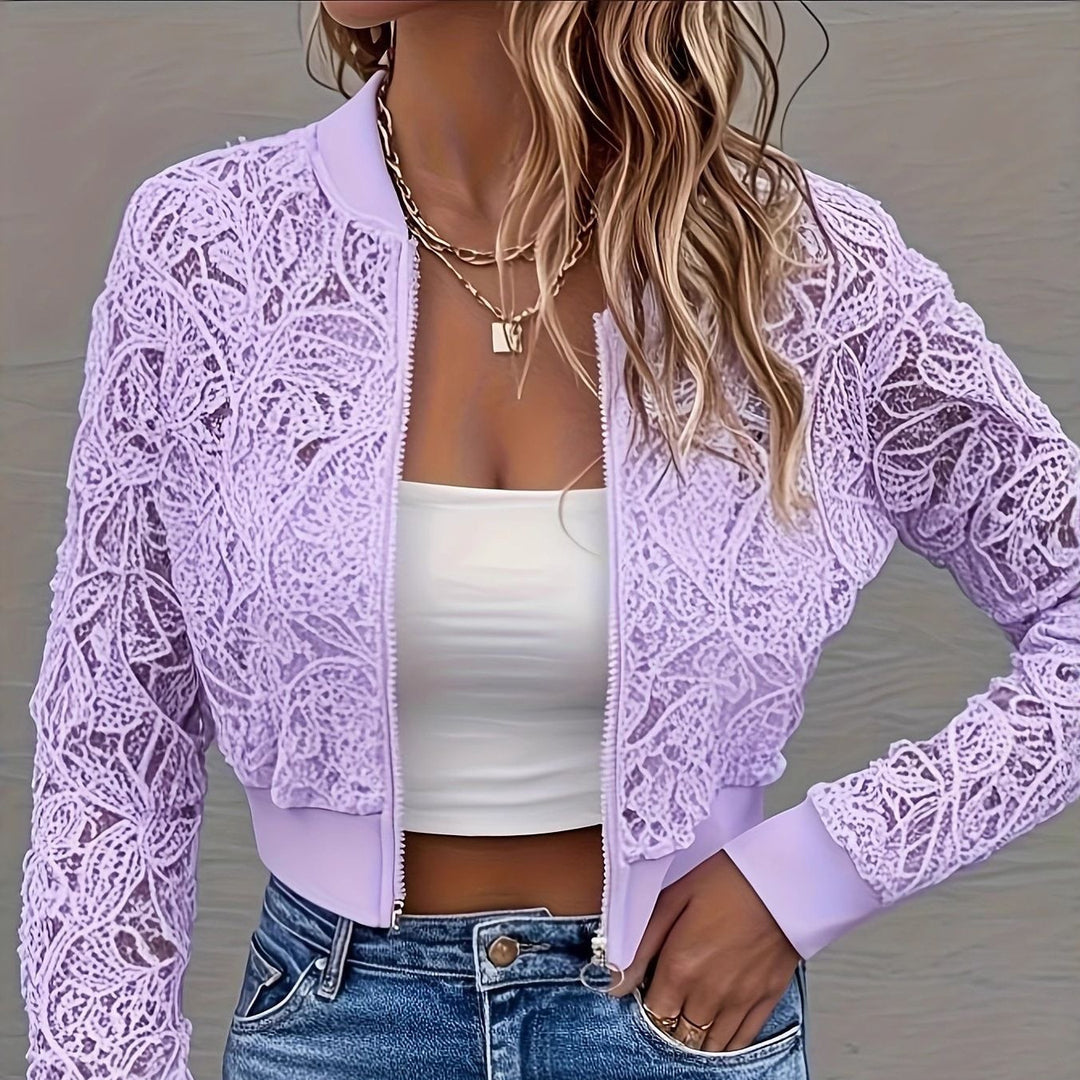 Damen Cropped Spitzen-Bomberjacke mit floraler Häkeloptik und Rippbündchen Shop Nory